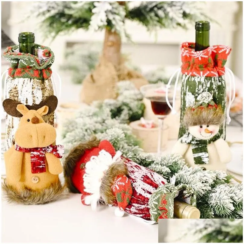 christmas decorations christmas wine bottle cover santa claus snowman deer bottles cover bags knitted sleeve dining room table home