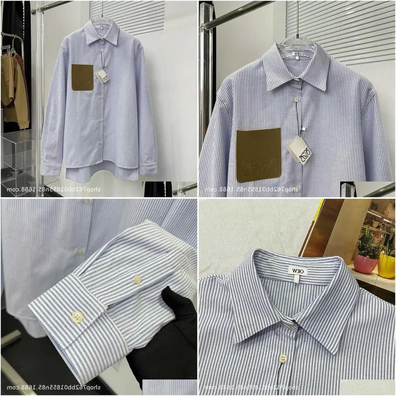 Women`s Blouses & Shirts new chest pocket leather Stripe Men`s and women`s shirt casual top