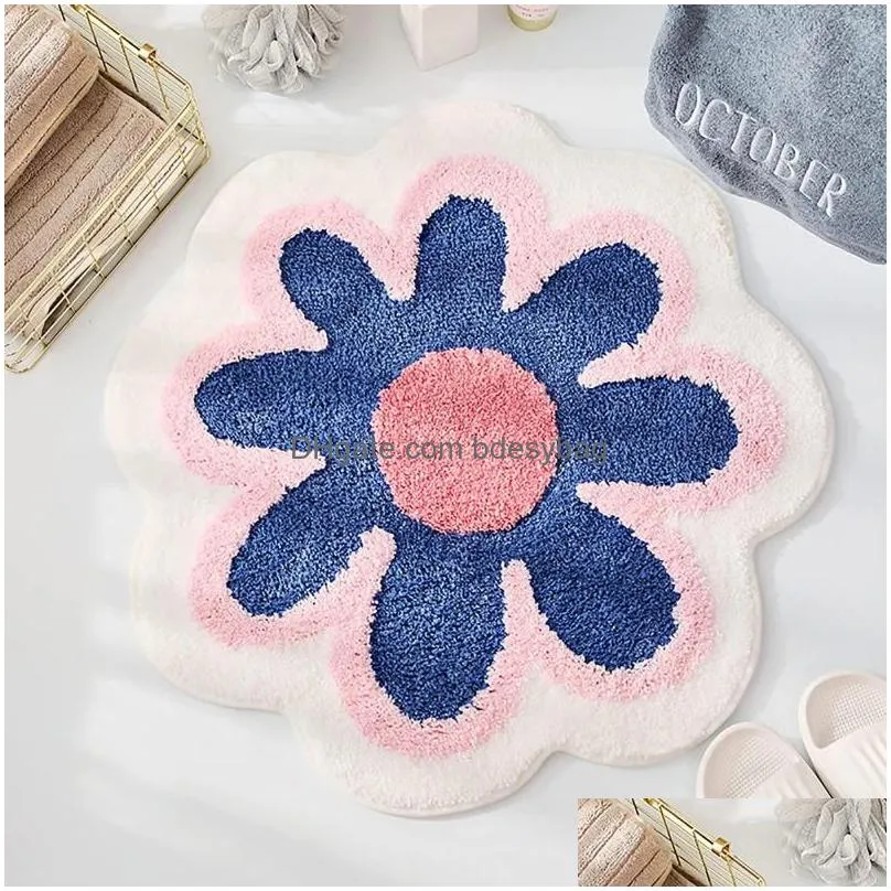 Bath Mats Bath Mats Flower Shape Non-Slip Floor Mat Bathroom Imitation Cashmere Absorbent Soft Rug Quick-Drying Pad Childrens Room Car Dhr3C