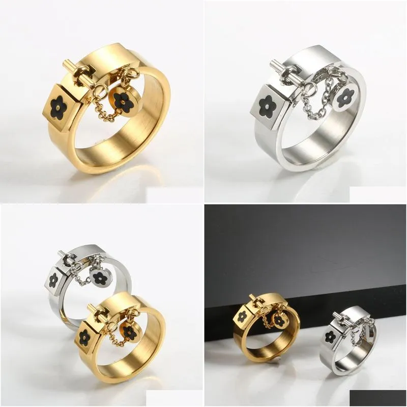 Fashion Lucky Flower Charm With Chain Ring Gold/Sliver Stainless Steel Love Promise Finger Rings For Women Men Jewelry Gift