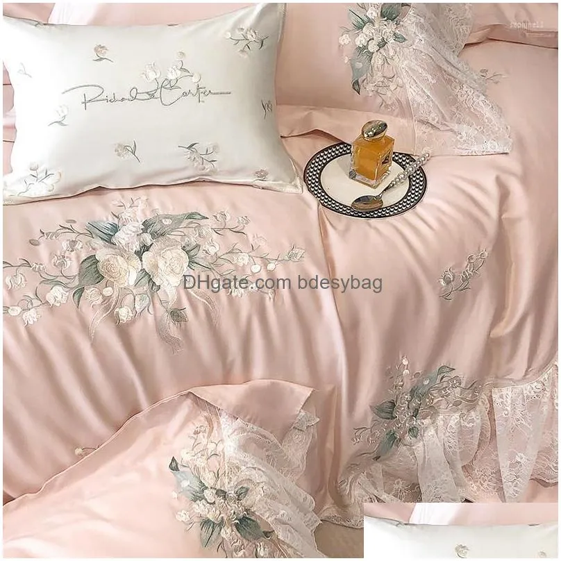 Bedding Sets Bedding Sets Pink 1000Tc Egyptian Cotton Luxury Flowers Lace Embroidery French Wedding Set Duvet Er Pillowcases Bed Sheet Dhmkr
