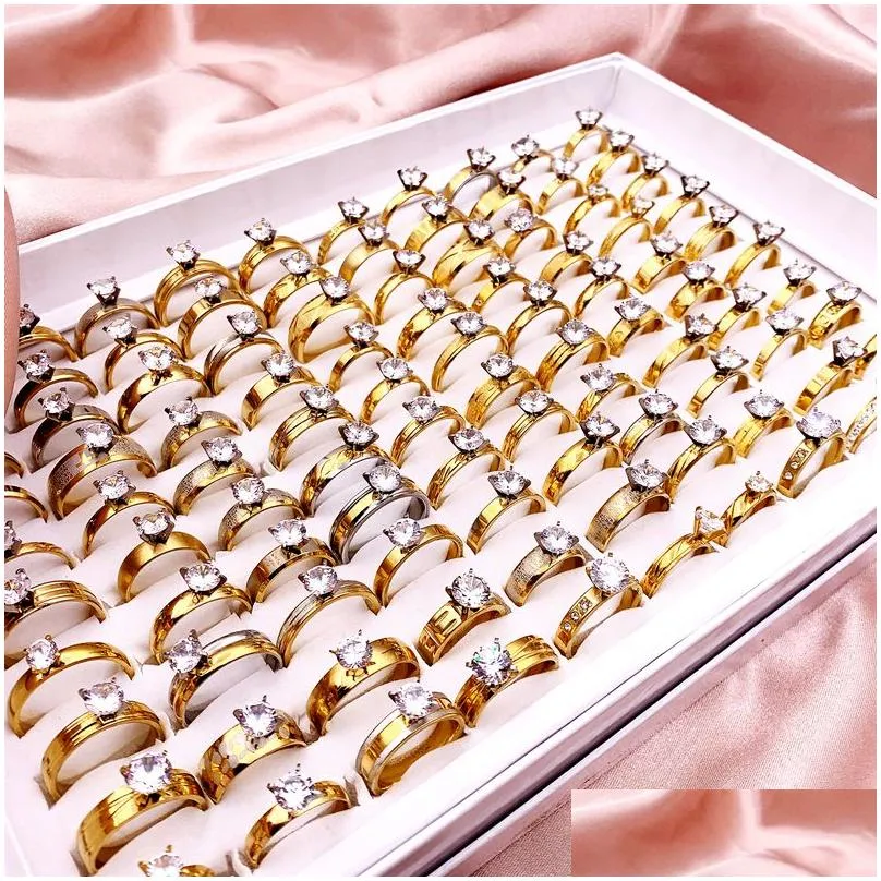 Band Rings Fashion 30Pcs/Lot Stainless Steel Crystal Zircon Ring Titanium Band Gold Sier Mixed Style Men And Women Wedding Jewelry Dro Dhqbh