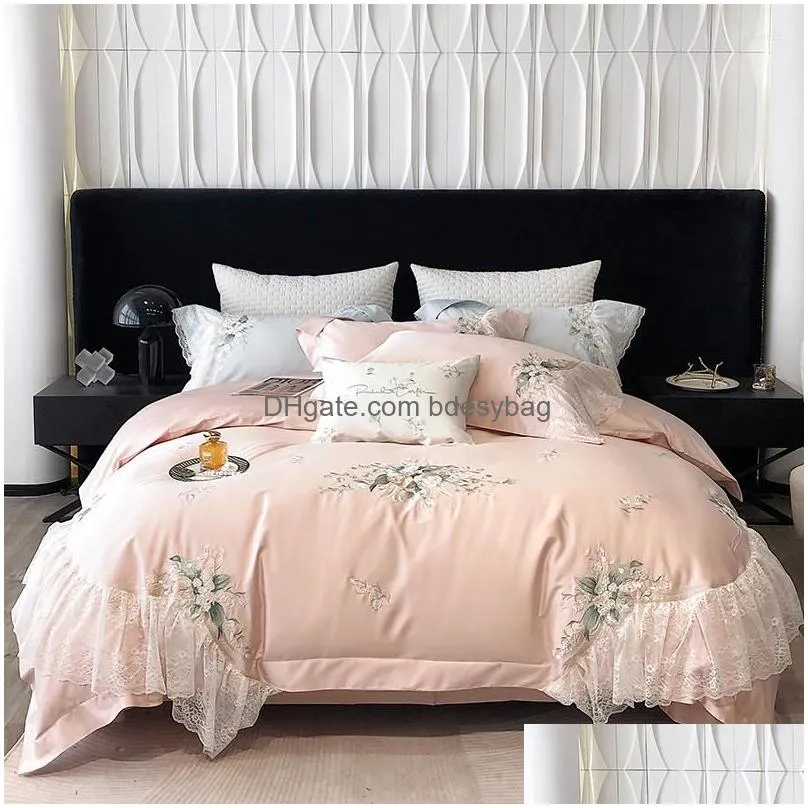 Bedding Sets Bedding Sets Pink 1000Tc Egyptian Cotton Luxury Flowers Lace Embroidery French Wedding Set Duvet Er Pillowcases Bed Sheet Dhmkr