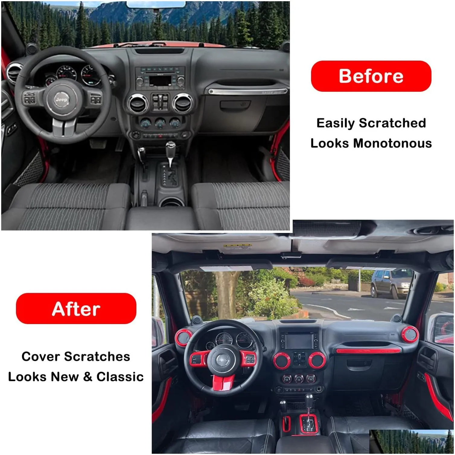 Steering Wheel&Center Console Trim, Gear Shift Knobs Frame & Air Outlet Cover Fit for Jeep Wrangler JK JKU 2011-2018 2&4-Door