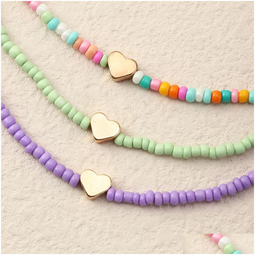 Beaded Necklaces 3Pc/Set Beach Summer Candy Color Seed Beaded Friendship Jewelry Heart Charm Necklaces Lovely Women Collar Choker Boho Dhloz