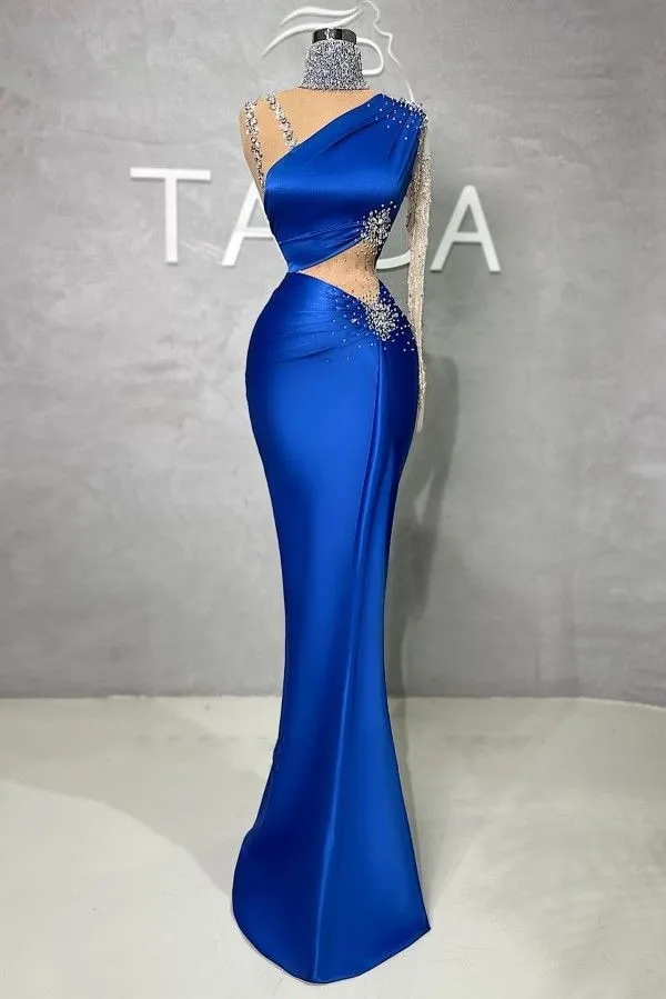 Elegant Royal Blue Mermaid Evening Dresses With Beads Sequins High Neck Sheer Long Sleeve One Shoulder Satin Beading Lace Formal Prom Dresses Cutaway Sides