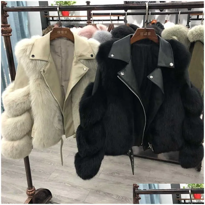 Women`S Fur & Faux Fur Gizmosy Fashion Faux Fox Fur Coats Women Winter Motorcycle Pu Leather Turn Down Collar Warm Jacket Outwear Luxu Dhdle