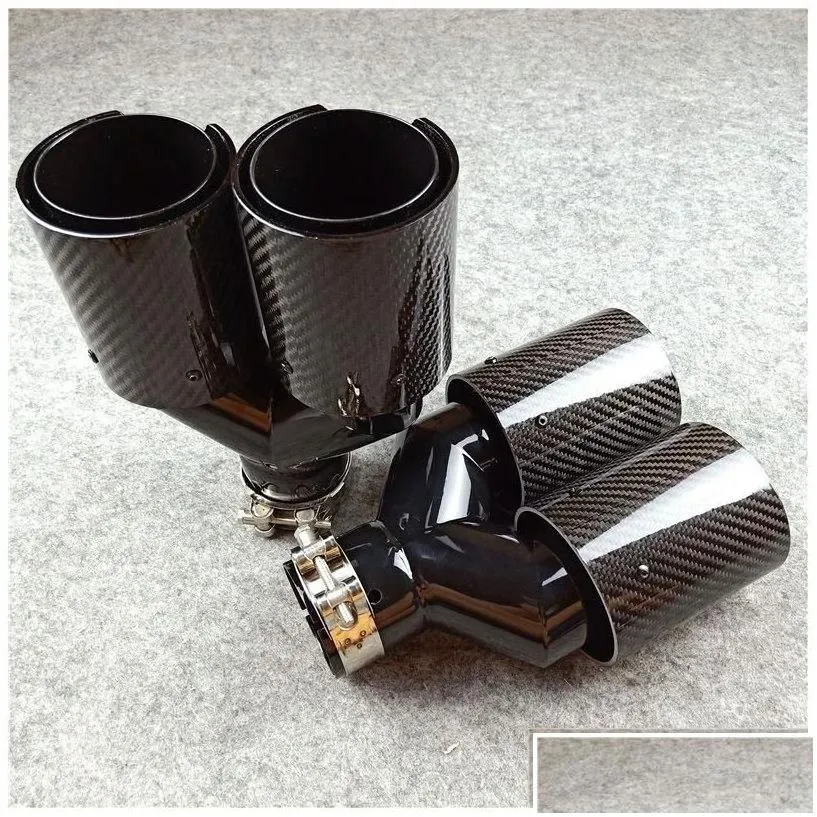Muffler Y Style Outlet 92Mm Car Glossy Carbon Fiber Exhaust Pipe Tailtip Tips For Double Black Stainless Steel End Pipes Drop Delive