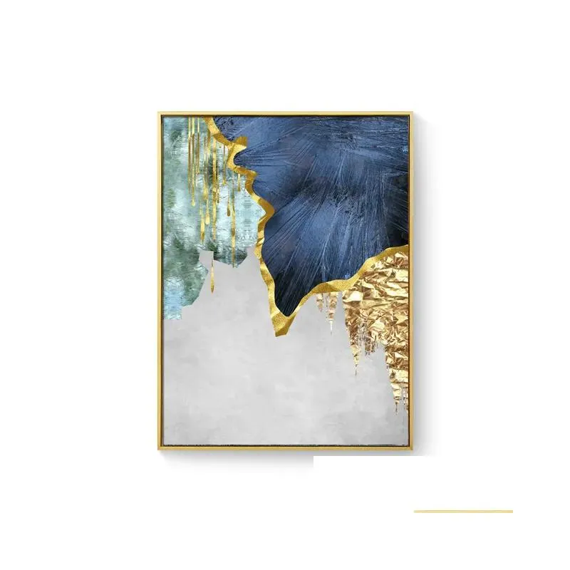 nordic blue golden foil lines canvas posters print modern abstract wall art painting decoration picture living room home decor