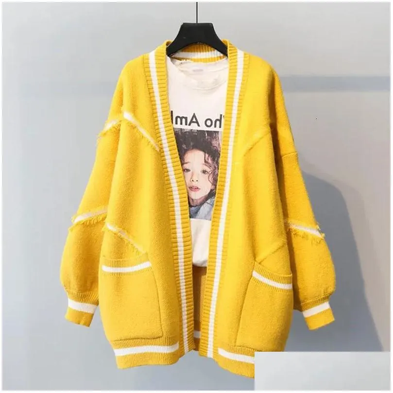Women`S Sweaters Sweater Loose Fashion Long Cardigan Letter Printed Women Knitted Thicken Plus Size Korean English Alphabet Coat 20101 Dhmkv