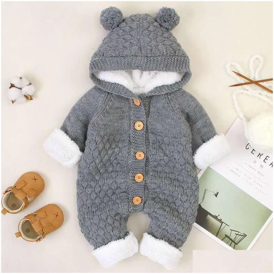 Rompers Rompers Born Baby Clothes Cardigan Hooded Autumn Winter Girl Boy Fashion Infant Costume Kids Toddler Cashmere Knit Jumpsuit 22 Dh15B