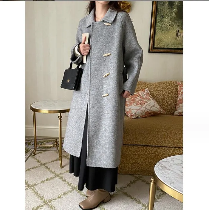 french ingots small lapels long wool wool horn buckle double-sided coat zy1049
