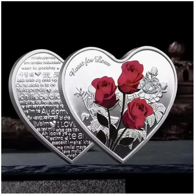 heart-shaped rose valentines day gift metal commemorative coins 52 languages i love you medal challenge coin crafts 1130