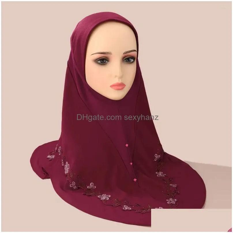 Scarves Women Embroidery Floral Hijab Arab Solid Color Turban Islamic Khimar Muslim Soft Wear Directly Instant Scarf Drop Delivery F Dhivx