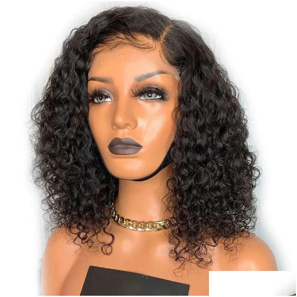 Synthetic Wigs 1B/Blonde Ombre Short Kinky Curly Simation Human Hair Wigs Pre Plucked Black /Bury Red Synthetic Lace Front Bob Wig He Dhca1