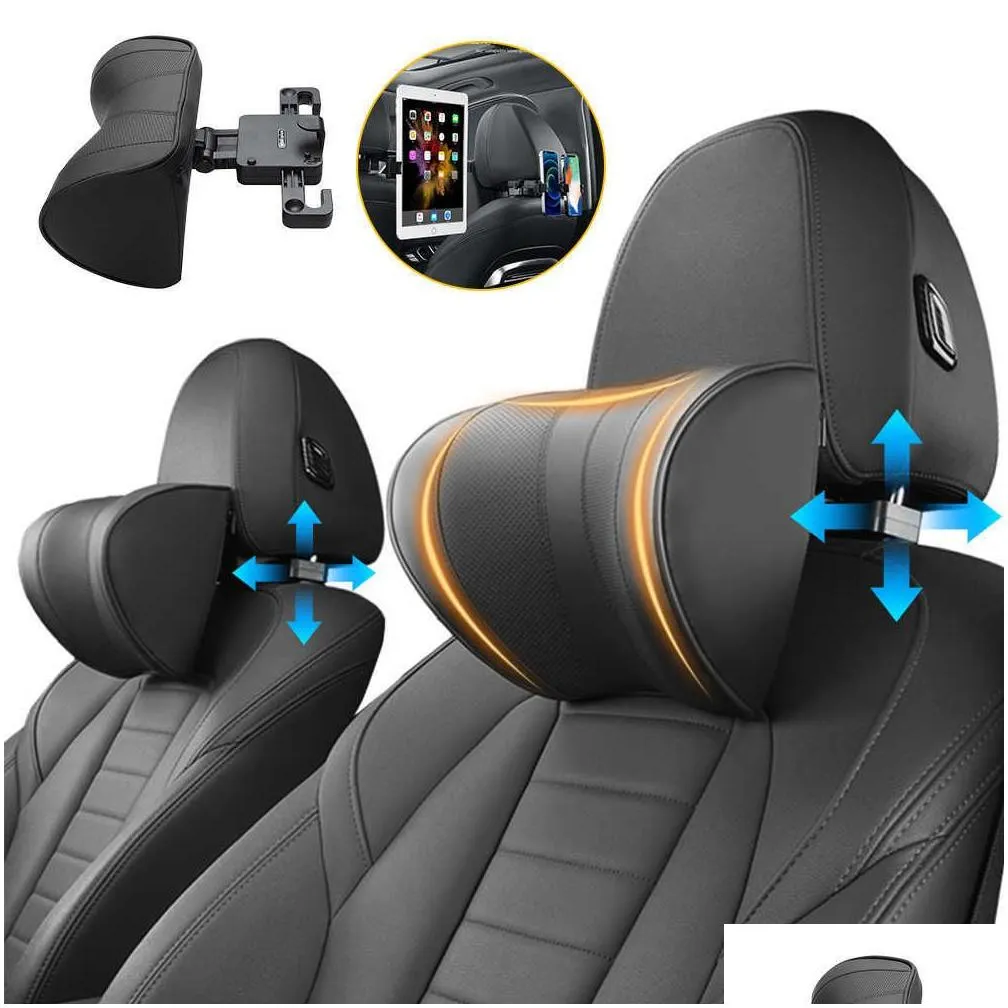 Adjustable Car Headrest Pillow Leather Seat Head U Neck Support Comfort with Hook Rest Travel Cushion for Kids Adult