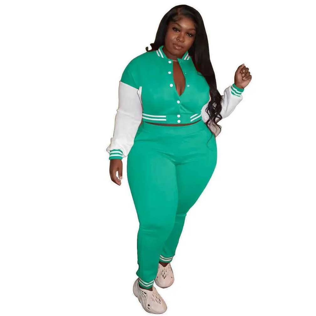 Women`S Plus Size Tracksuits Women Plus Size Tracksuit Spring Long Sleeve Baseball Suit Varsity Jacket Set Stripe Outfits For Woman S Dhn7I