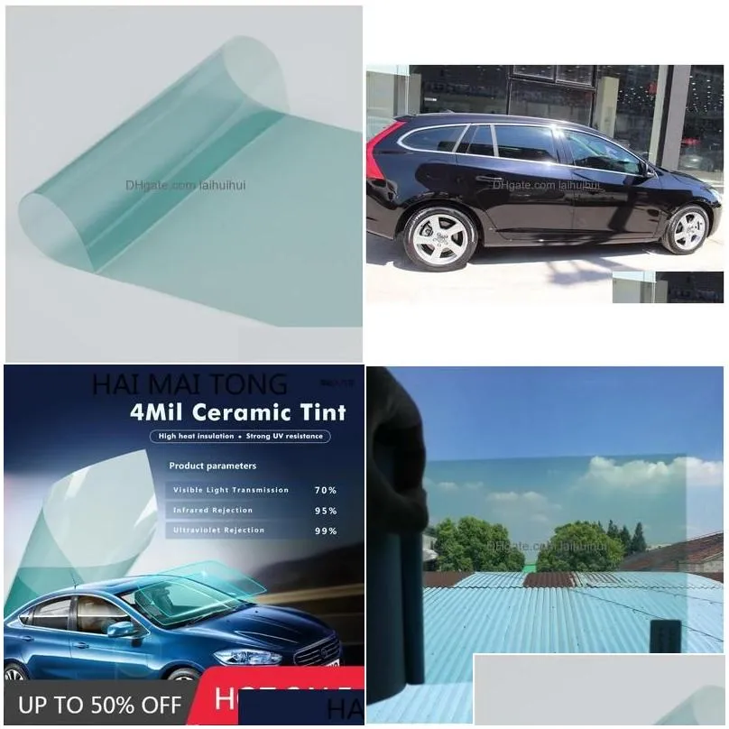 Car Sunshade Vlt70% Light Blue Window Foils Windshield Sticker Film 4Mil Thickness Nano Ceramic Tint Solar Protection 0.5X6M Drop De