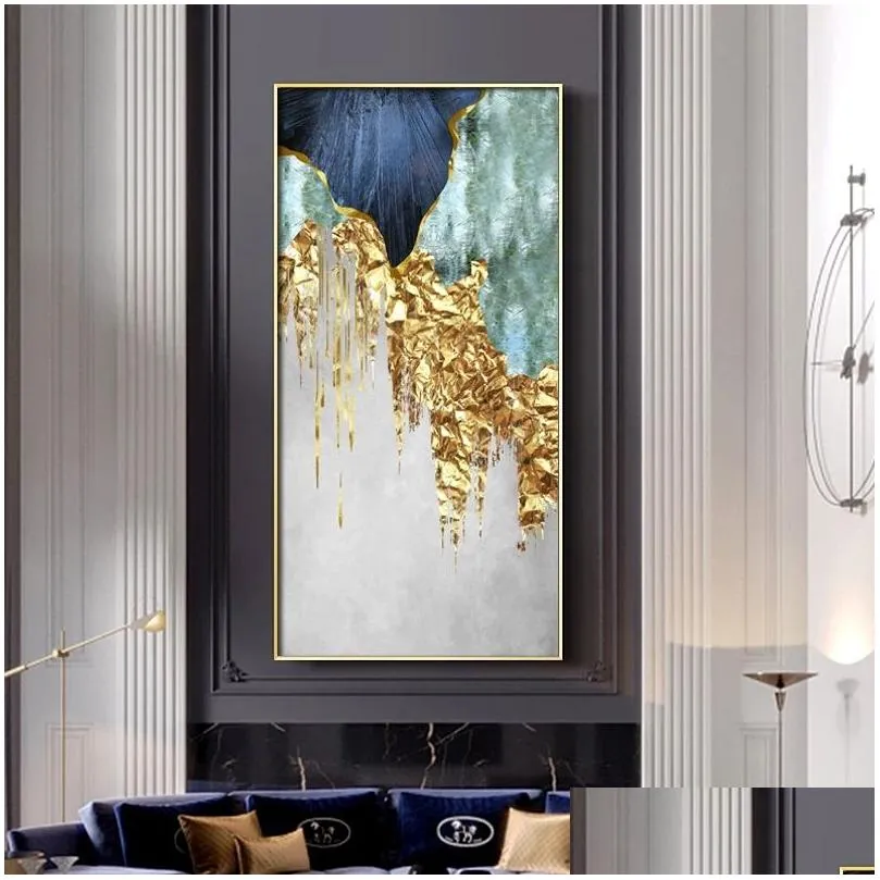 nordic blue golden foil lines canvas posters print modern abstract wall art painting decoration picture living room home decor