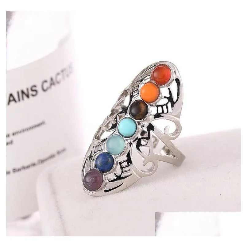 With Side Stones 7 Chakra Stones Bead Finger Rings Reiki Nce Meditation Healing Point Charm Adjustable Yoga Hollow Flower Women Ring D Dhfcg