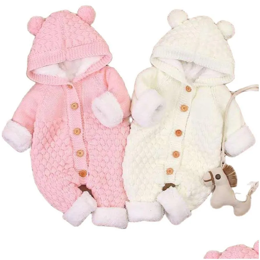 Rompers Rompers Born Baby Clothes Cardigan Hooded Autumn Winter Girl Boy Fashion Infant Costume Kids Toddler Cashmere Knit Jumpsuit 22 Dh15B