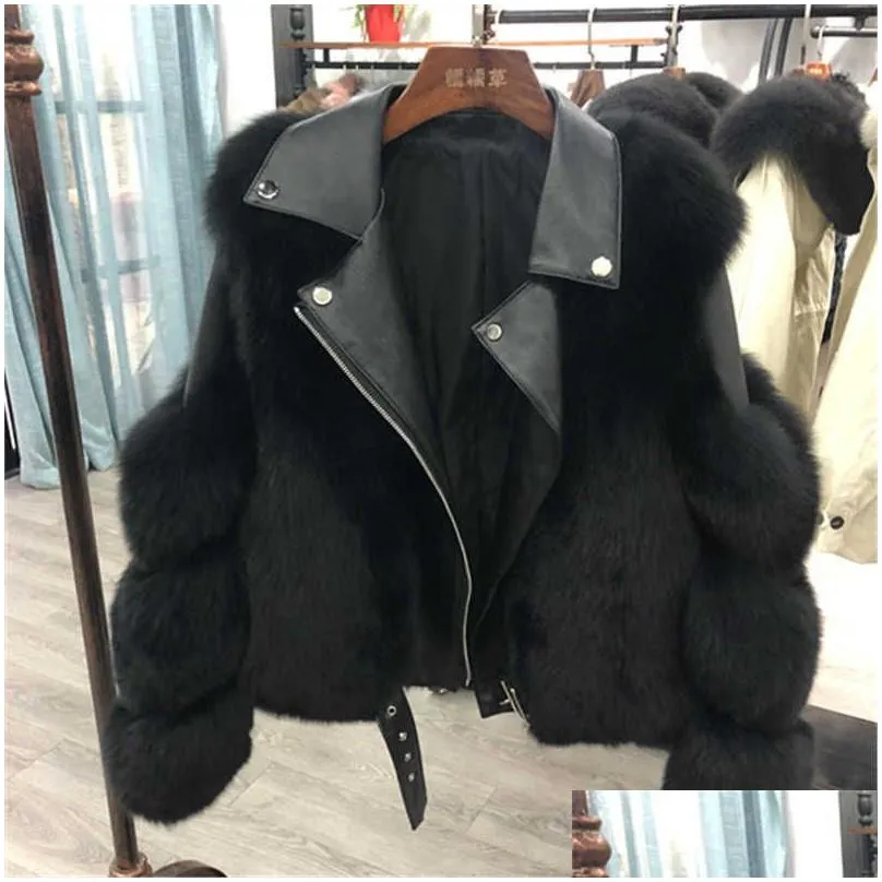 Women`S Fur & Faux Fur Gizmosy Fashion Faux Fox Fur Coats Women Winter Motorcycle Pu Leather Turn Down Collar Warm Jacket Outwear Luxu Dhdle