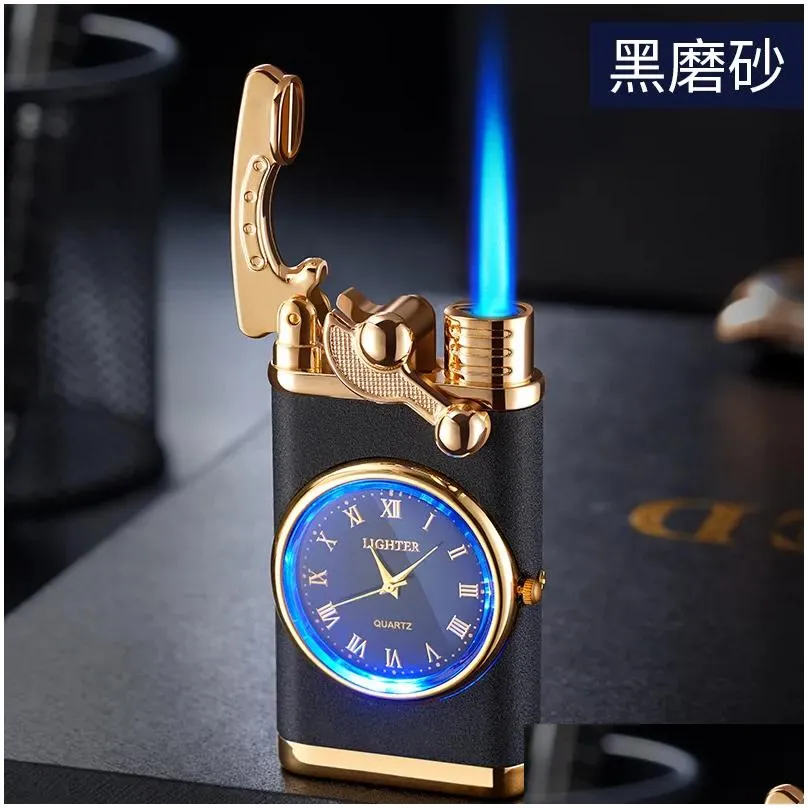  creative watch  cigar lighter gas refill torch turbo lighter windproof metal blue flame butane gas lighters men smoking gadgets