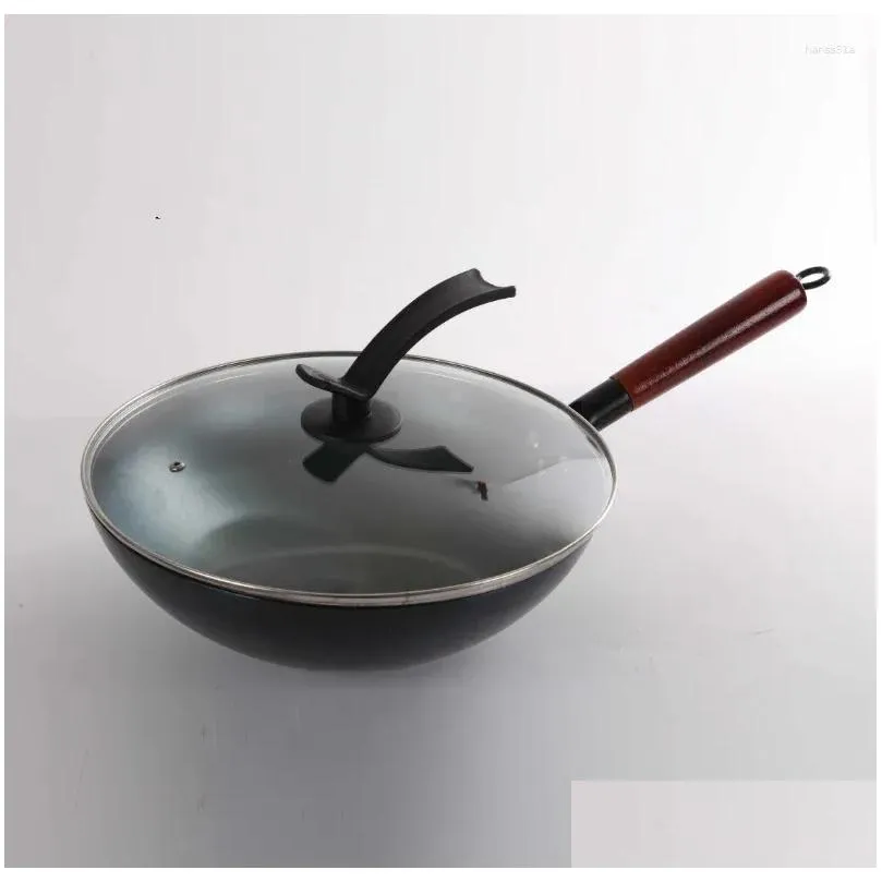 Pans Cast Iron Wok Home Uncoated Manual Non-stick Pan Round Bottom Induction Cooker Gas Stove Frying Cooking Non Stick