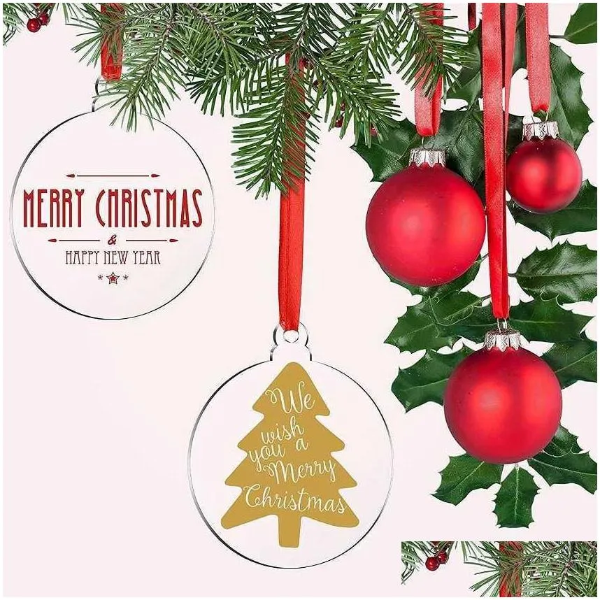 stock 24 piece 3inch transparent clear circle christmas hangtag diy blank round acrylic xmas tree ornaments pendant xu