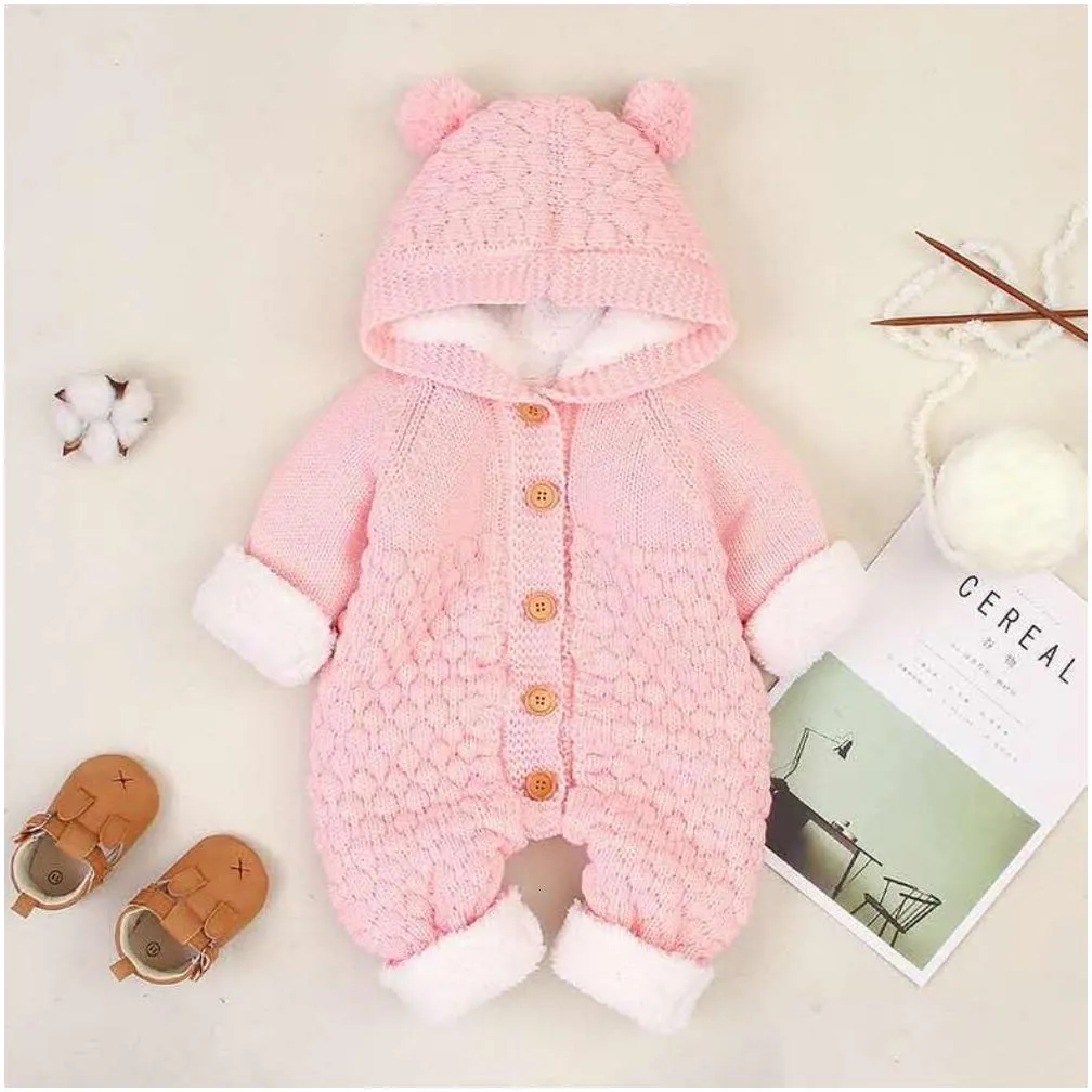 Rompers Rompers Born Baby Clothes Cardigan Hooded Autumn Winter Girl Boy Fashion Infant Costume Kids Toddler Cashmere Knit Jumpsuit 22 Dh15B