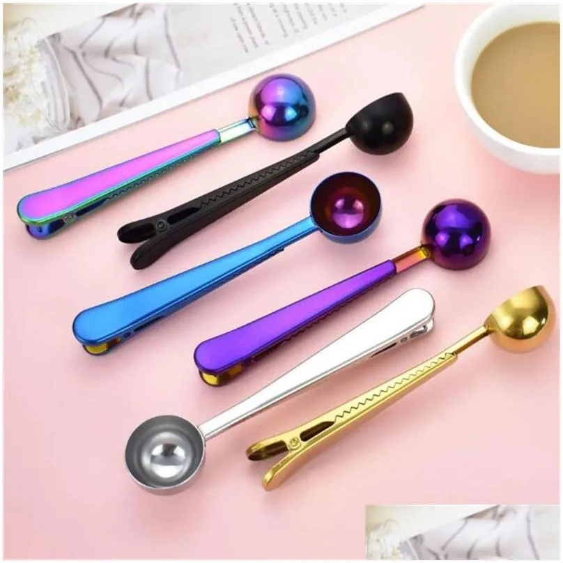 Stainless Steel Coffee Measuring Spoon With Bag Seal Clip Multifunction Jelly Ice Cream Fruit Scoop Spoon Kitchen Accessories