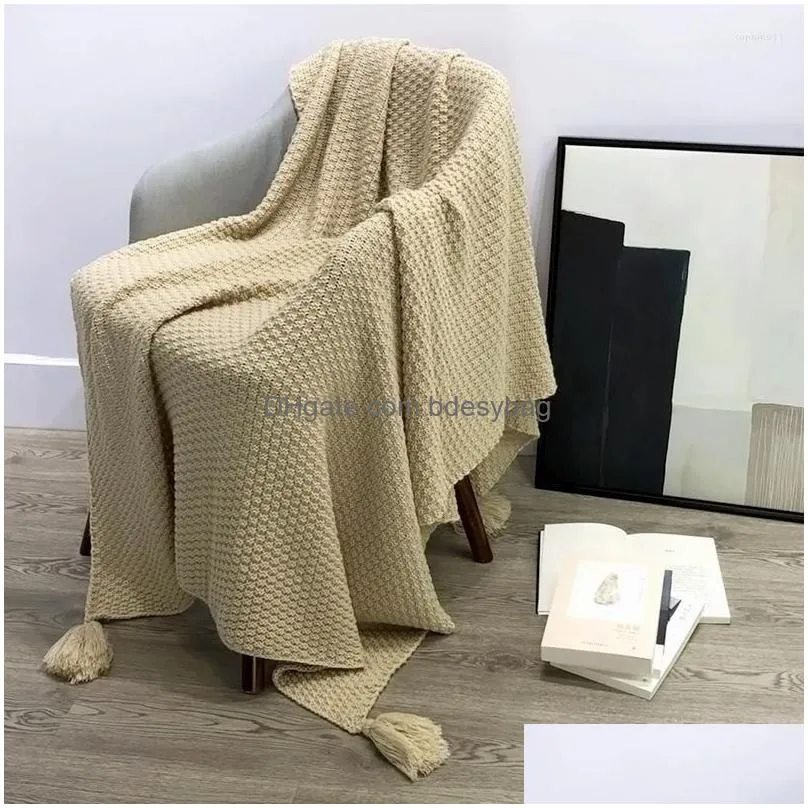 Blankets Blankets Ins Nordic Style Sofa Er Blanket Office Nap Tassel Knitted Ball Wool Casual Air Conditioning Drop Delivery Home Gard Dhn17