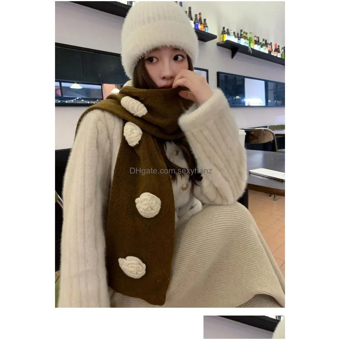 Scarves 2023 Winter Fashion Women Camellia Imitated Cashmere Wool Knitted Scarf Female Thick Gift Drop Delivery Accessories Hats Glo Dh7Sx