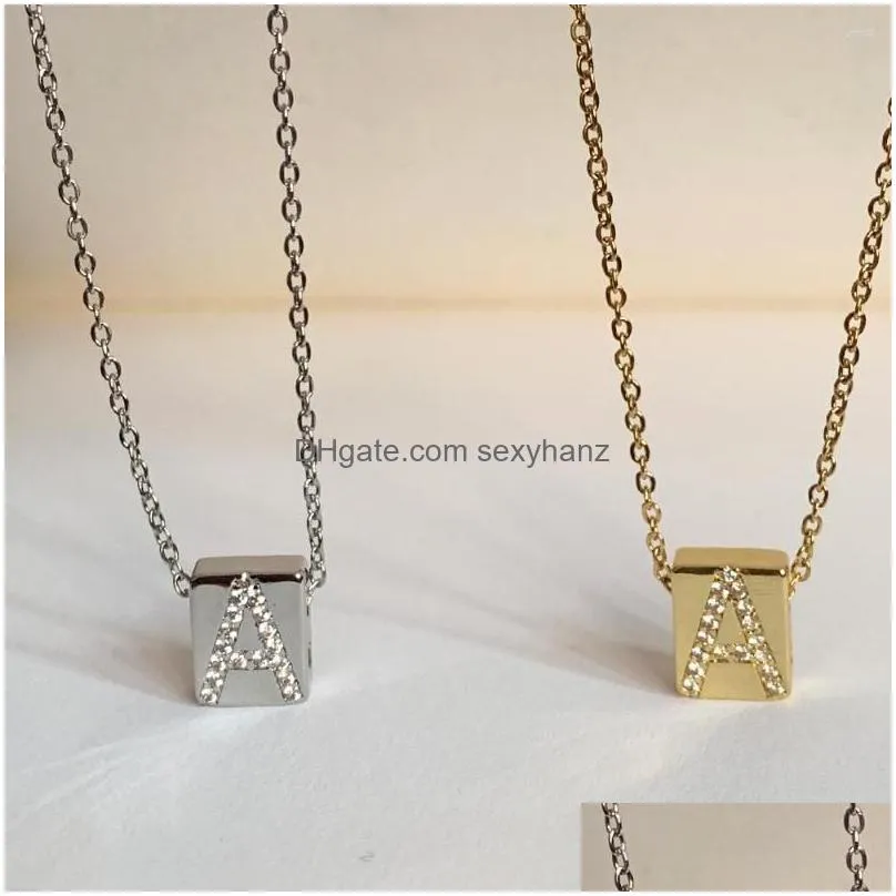 pendant necklaces simple copper zircon name initial letter square necklace for women gold color cz alphabet charm steel thin chain