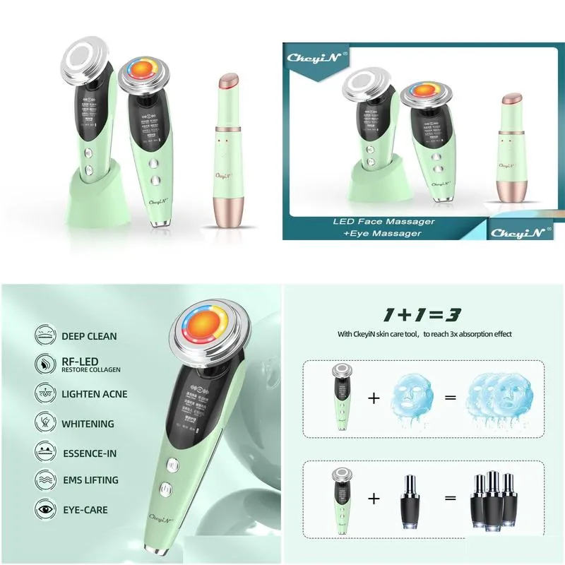 CkeyiN GREEN Face Beauty Machine 7In1 EMS LED Light Wrinkle Removal Skin Tightening Heated Vibration Eye Massager Wand 5 2202168124684