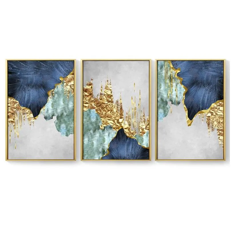 nordic blue golden foil lines canvas posters print modern abstract wall art painting decoration picture living room home decor