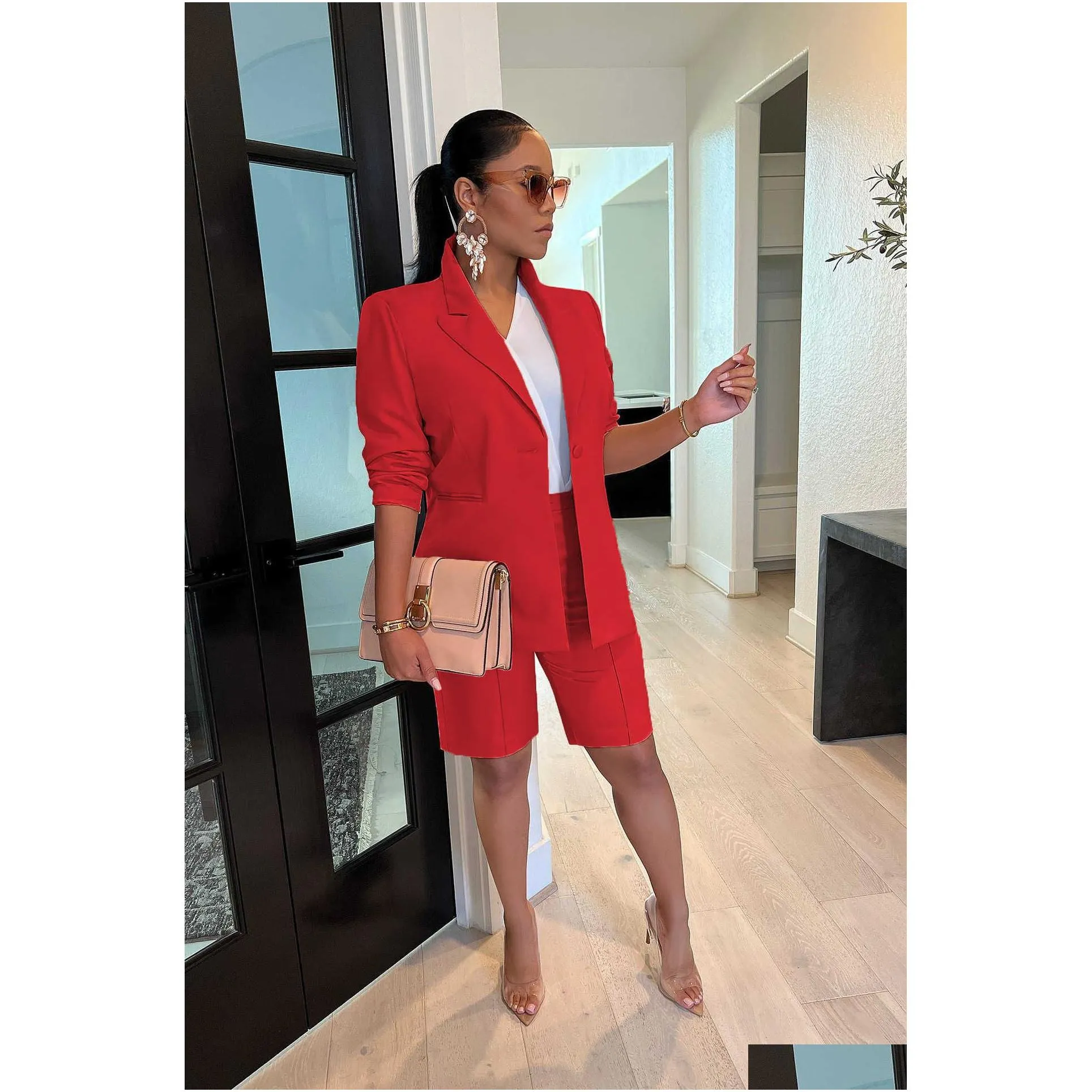 Women`S Tracksuits Womens Tracksuits Solid Color Business Suit For Jacket Shorts Two-Piece Spring And Summer Casual Women Clothing Set Dhnbf