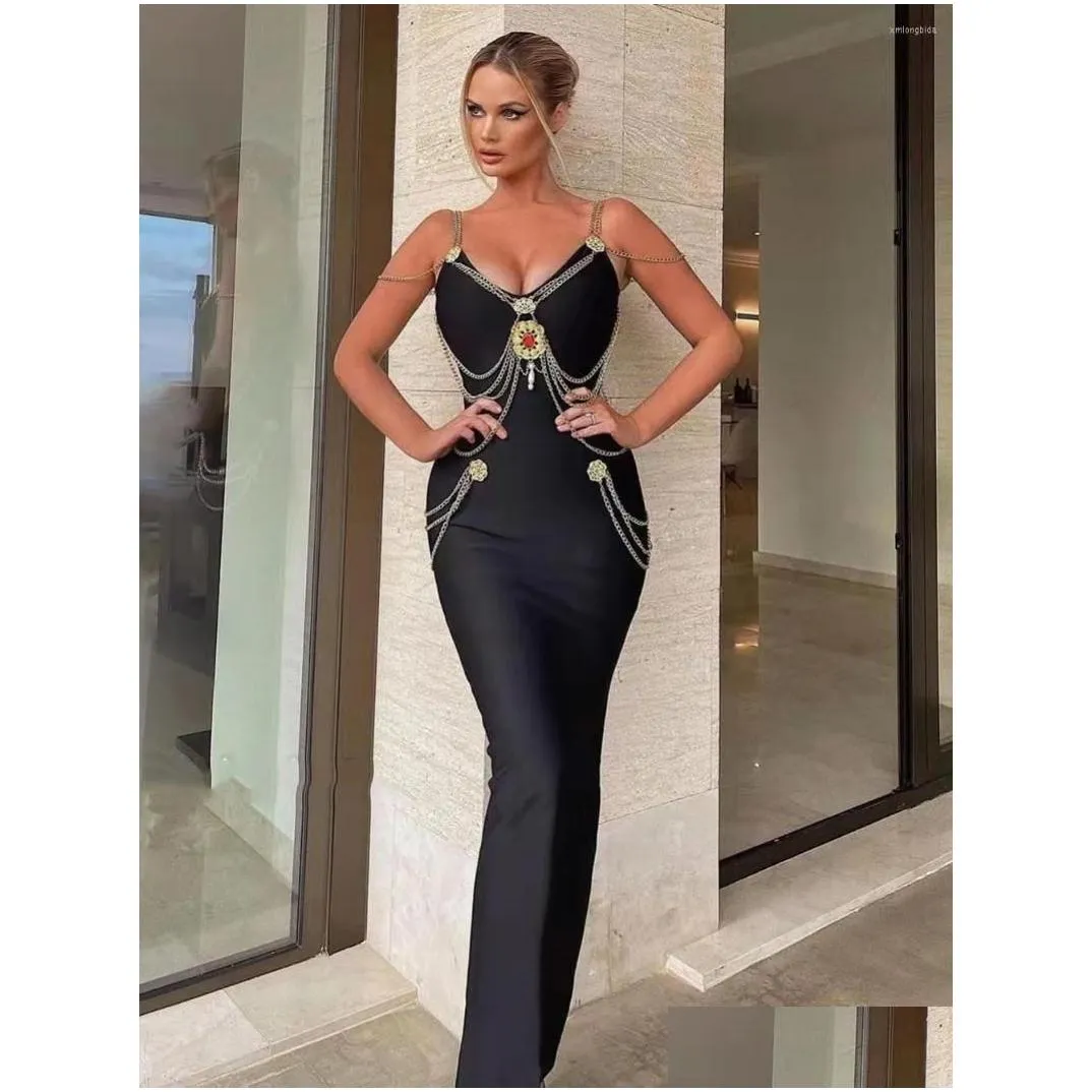 Basic & Casual Dresses Casual Dresses Fashion Long Bandage Dress Sleeveless Chain Beaded Back Split Cocktail Party Bodycon 2023 Drop Dh6Ql