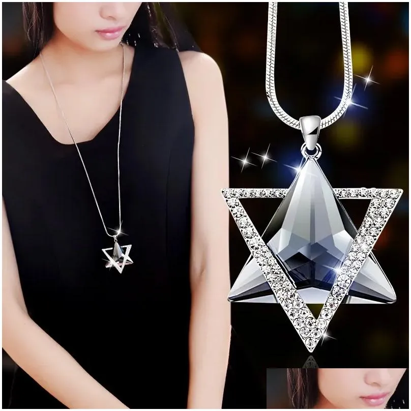 Pendant Necklaces Pendant Necklaces Double Triangle Gray Blue Crystal Necklace Women Office Lady Sweater Chain Jewelry Drop Delivery J Dhdal