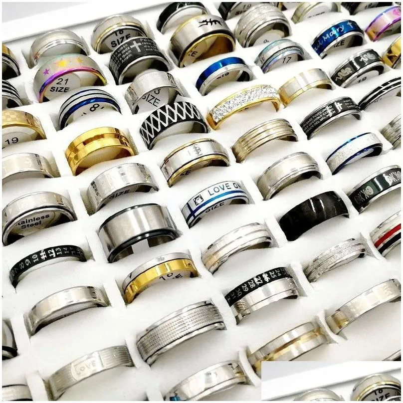 Band Rings Newest Fashion 100Pcs/Pack Stainless Steel Rings Finger Band Fit Mens And Womens Mixed Styles Titanium Jewelry Wedding Drop Dhqif