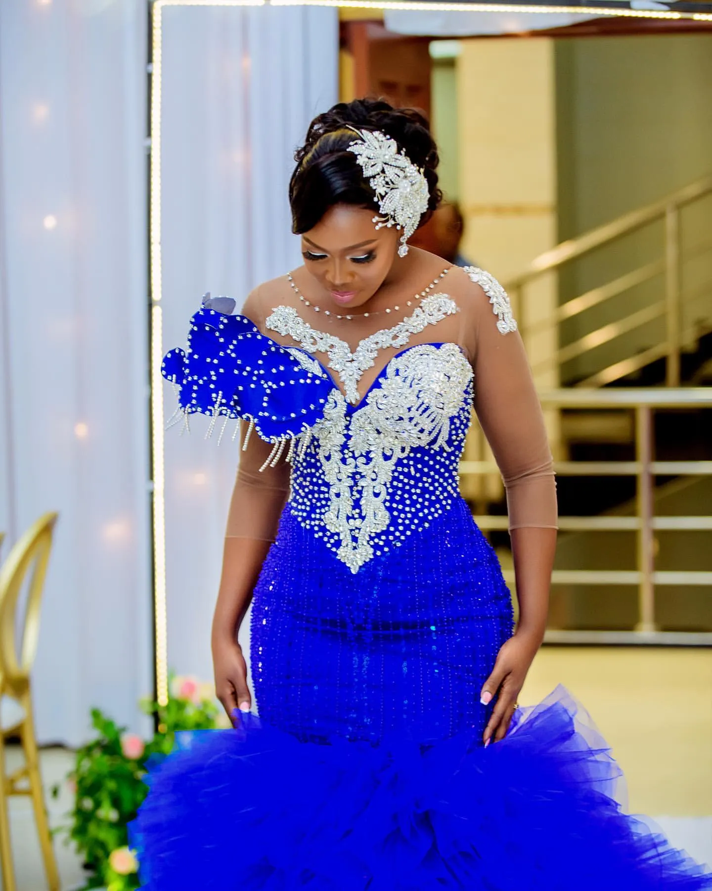 2024 Aso Ebi Royal Blue Mermaid Prom Dress Beaded Crystals Tiers Evening Formal Party Second Reception Birthday Engagement Gowns Dresses Robe De Soiree ZJ382