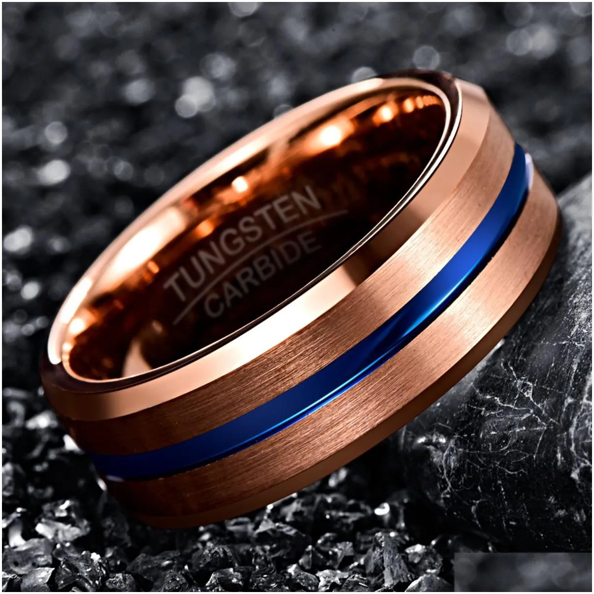 Band Rings Bonlavie 8Mm Width Tungsten Carbide Fl Rose Gold Blue Groove Angle Wedding Steel Mens 221119 Drop Delivery Dh6Tn