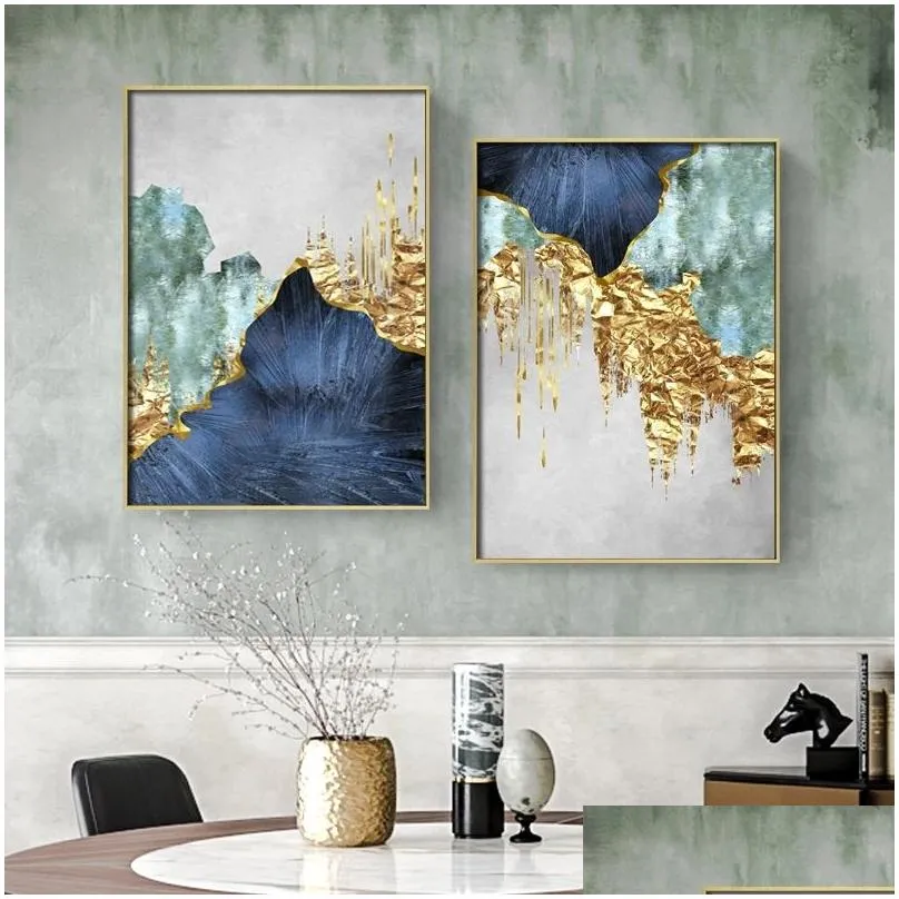 nordic blue golden foil lines canvas posters print modern abstract wall art painting decoration picture living room home decor