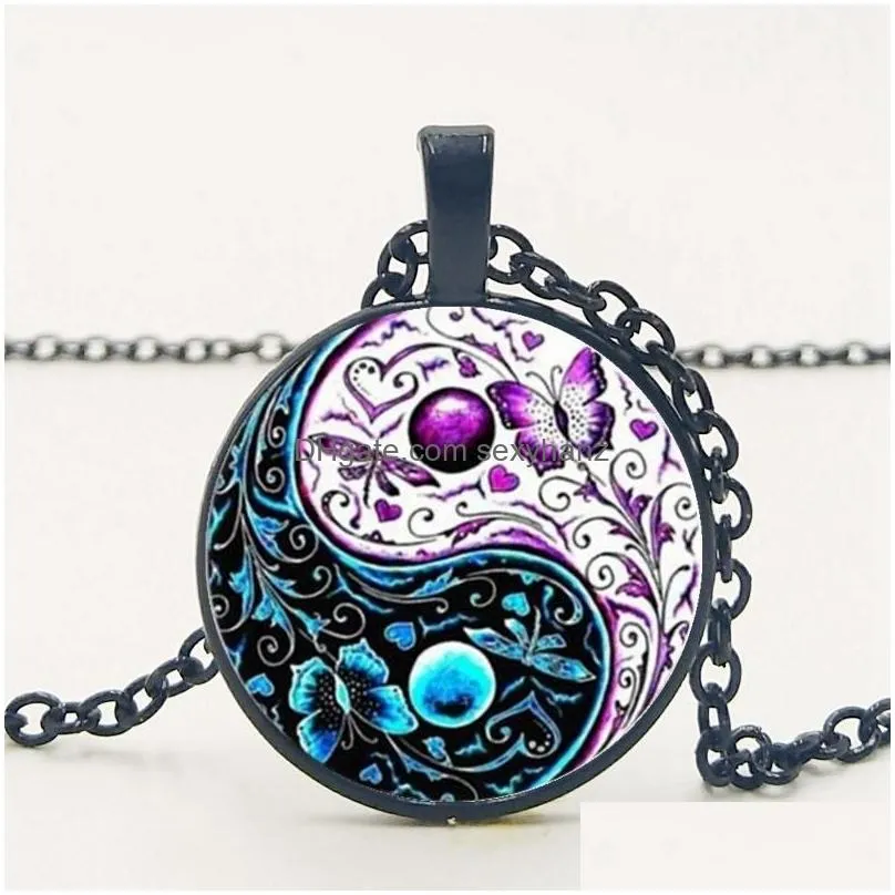 pendant necklaces 3 colors tibet cabochon glass chain necklace ying yang butterfly gifts for men and women