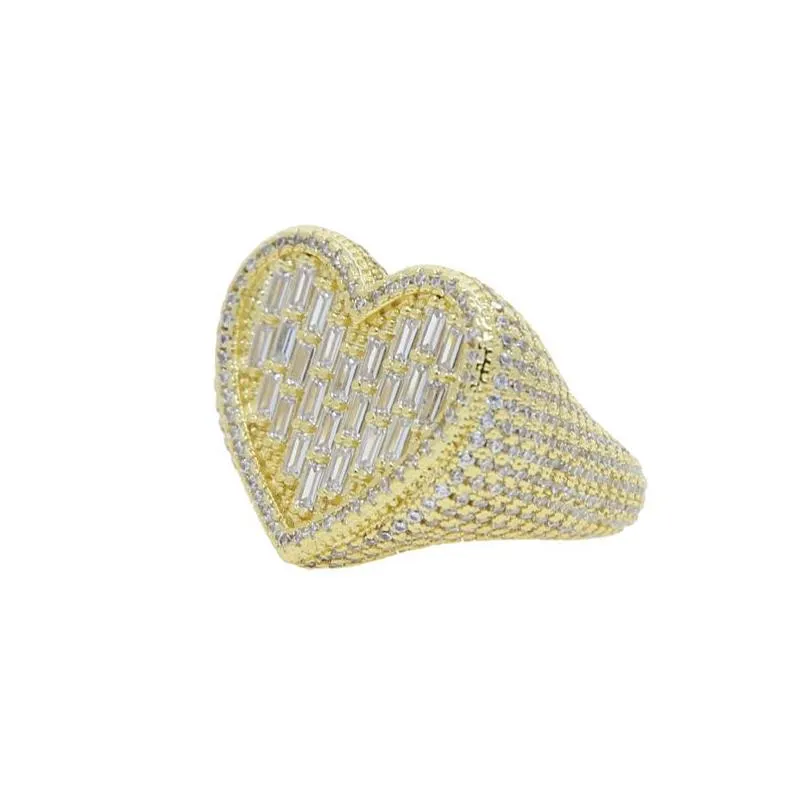 Band Rings Big Heart Shaped Ring Fl Paved White Baguette Cz Iced Out Bling Square Cubic Zircon Fashion Lover Jewelry For Women Men Dr Dhixk