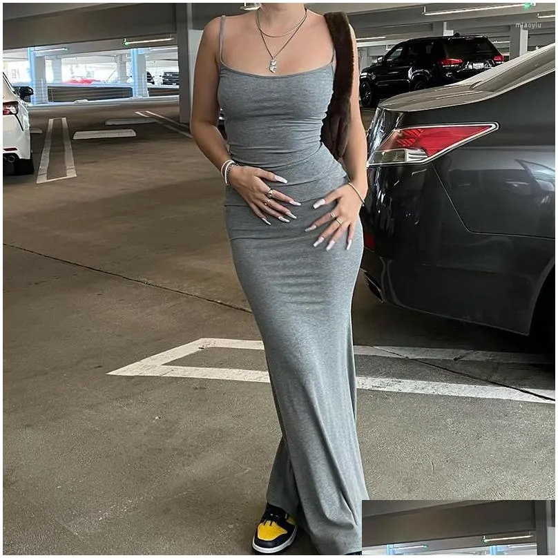 Basic & Casual Dresses Casual Dresses 2023 Summer Spaghetti Strap Black  Long Dress Women Sleeveless Solid Skinny Bodycon Trumpe Dh6Bj