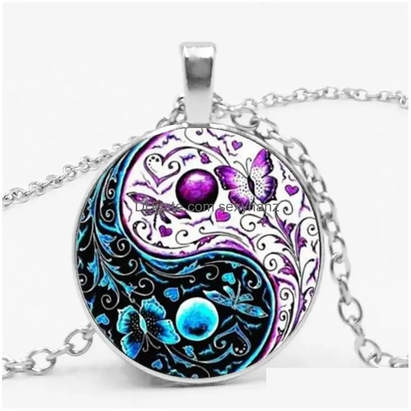 pendant necklaces 3 colors tibet cabochon glass chain necklace ying yang butterfly gifts for men and women