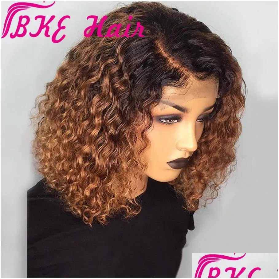 Synthetic Wigs 1B/Blonde Ombre Short Kinky Curly Simation Human Hair Wigs Pre Plucked Black /Bury Red Synthetic Lace Front Bob Wig He Dhca1