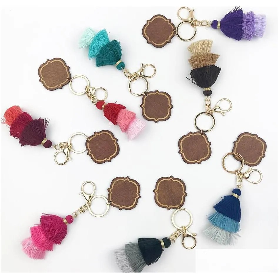 personalized wooden keychain party favor three-layer cotton tassel and chip pendant key ring multicolor