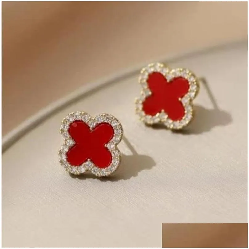 leaf studs earrings for women girls fashion luxury rhinestone flower 925 silver needle ear jewelry black green white red four leaves charm earring